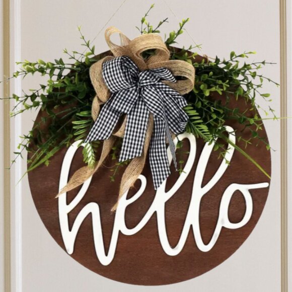 Hello Rustic Farmhouse Welcome Sign Buffalo Check Bow Wood Handmade Wreath Gift - Picture 1 of 7